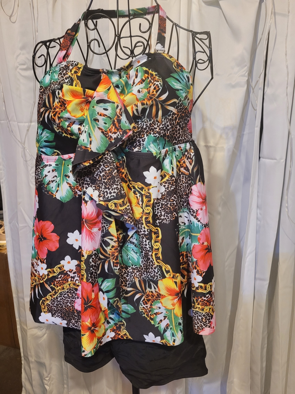 Amazon Floral & Leopard Halter Swim Top in Black with Green, Pink and Yellow